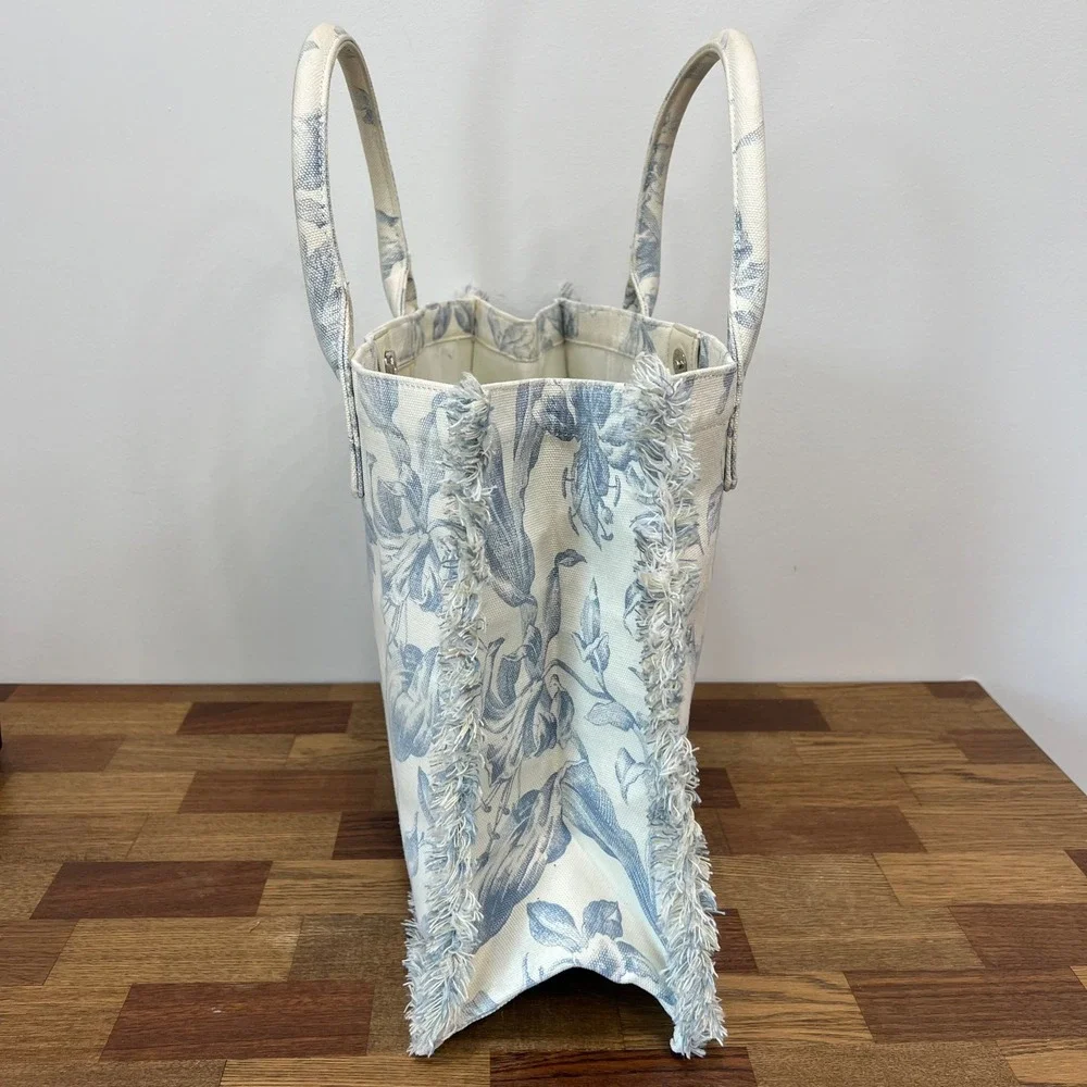 SANDRO Kabash Blue Floral Tote Bag Purse Fringe Hem Large Travel Canvas Designer - Picture 2 of 12